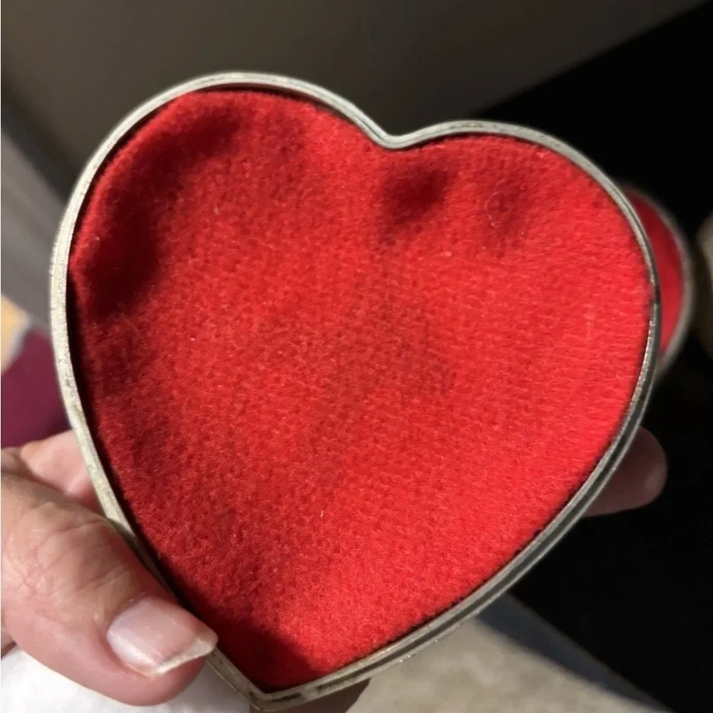 Vintage Silver Heart Jewelry Box with Gold Bow Accent